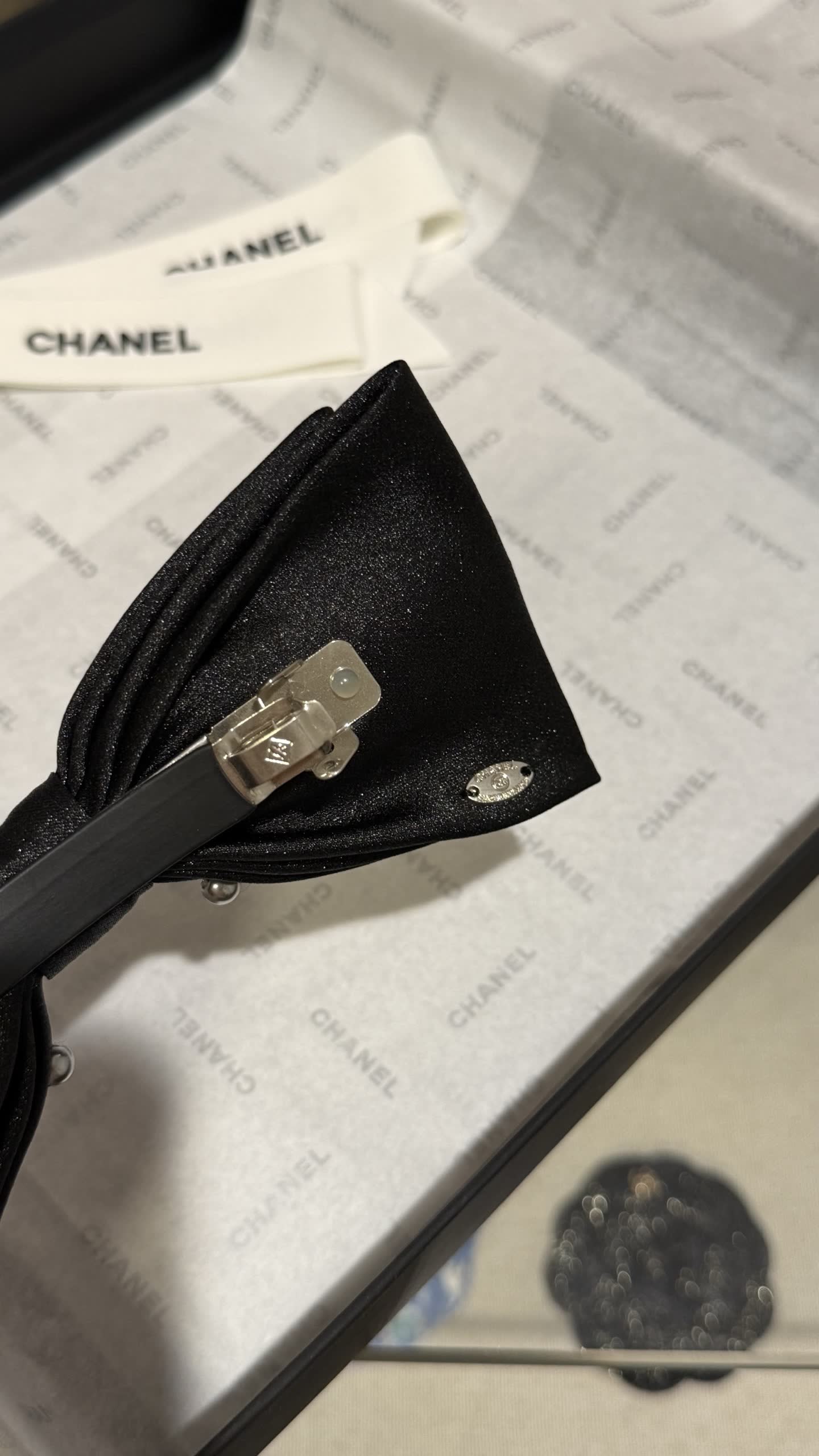 Chanel Black Satin Bow Hair Clip with Pearls